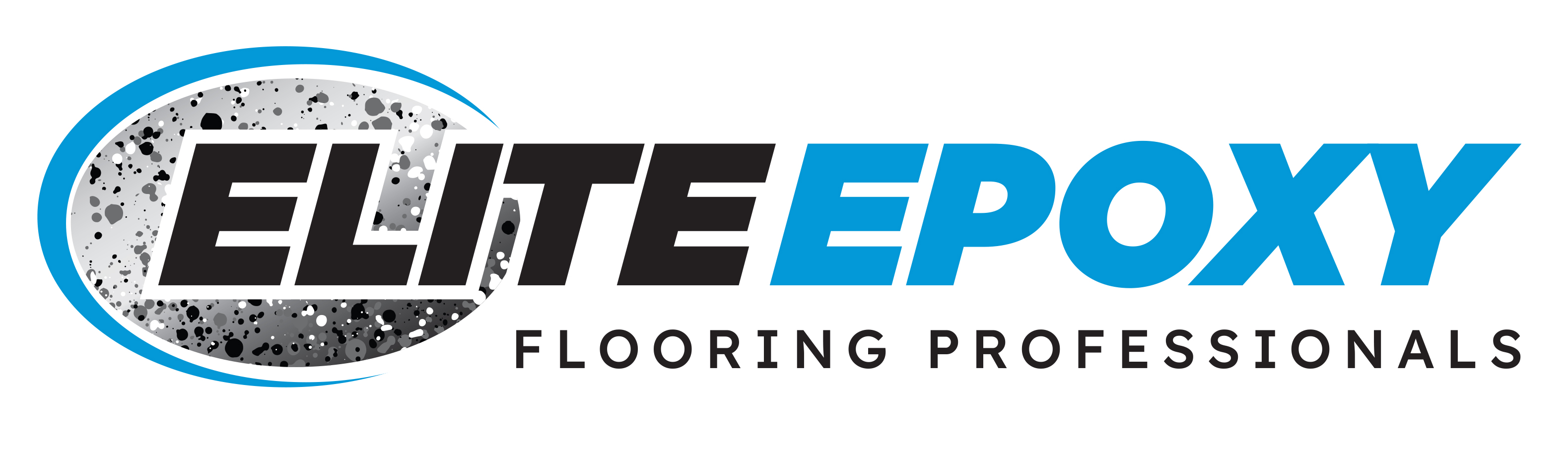 Logo of Elite Epoxy Flooring Professionals featuring bold typography with a blue accent and a textured gray background.